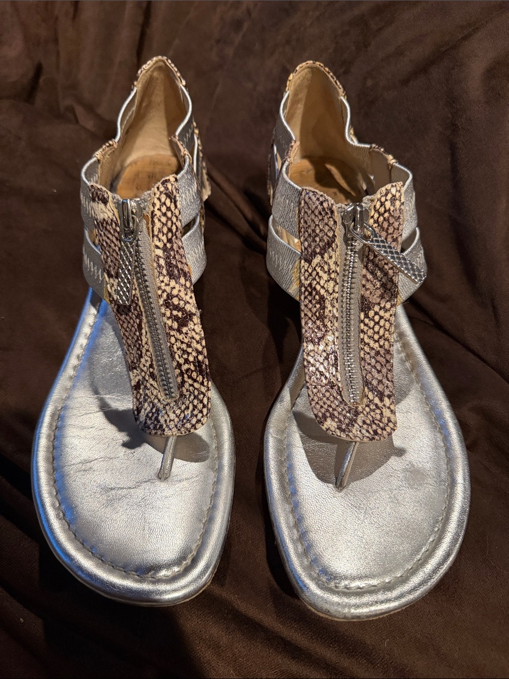 Donald J. Pliner Silver Sandals with Brown Snake-Print Straps